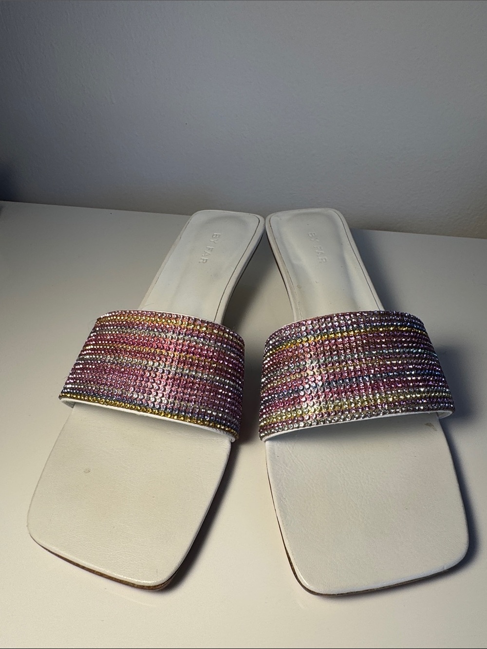 BY FAR White Slide Sandals with Multicolor Jeweled Strap